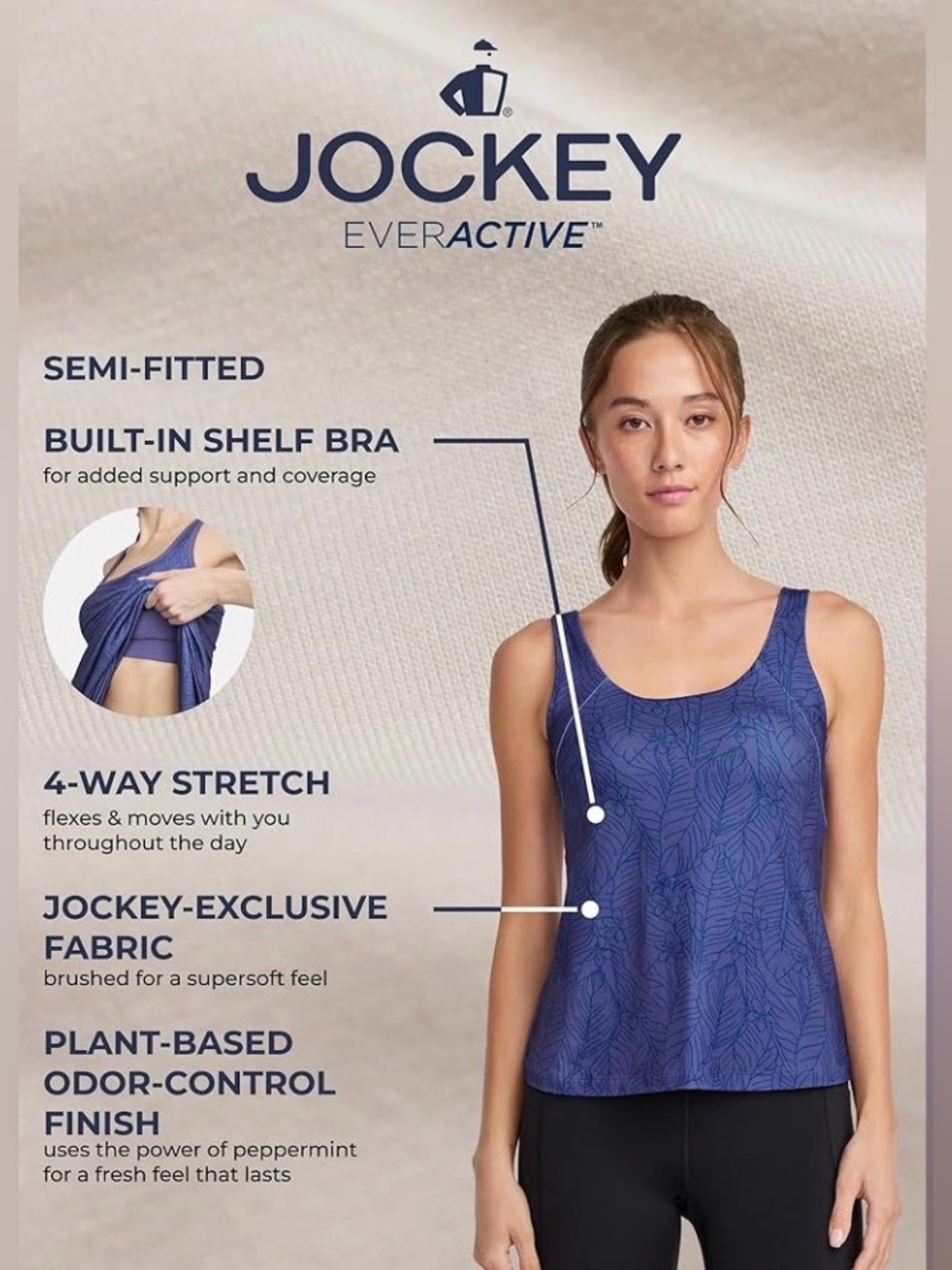 NWT Jockey EverActive Tank With Built-In Bra, Blue, size XS